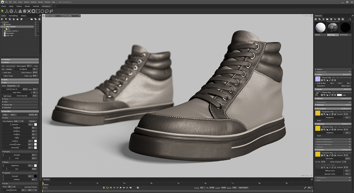 3D scanned high-top sneakers rendered in Marmoset with realistic texture details.